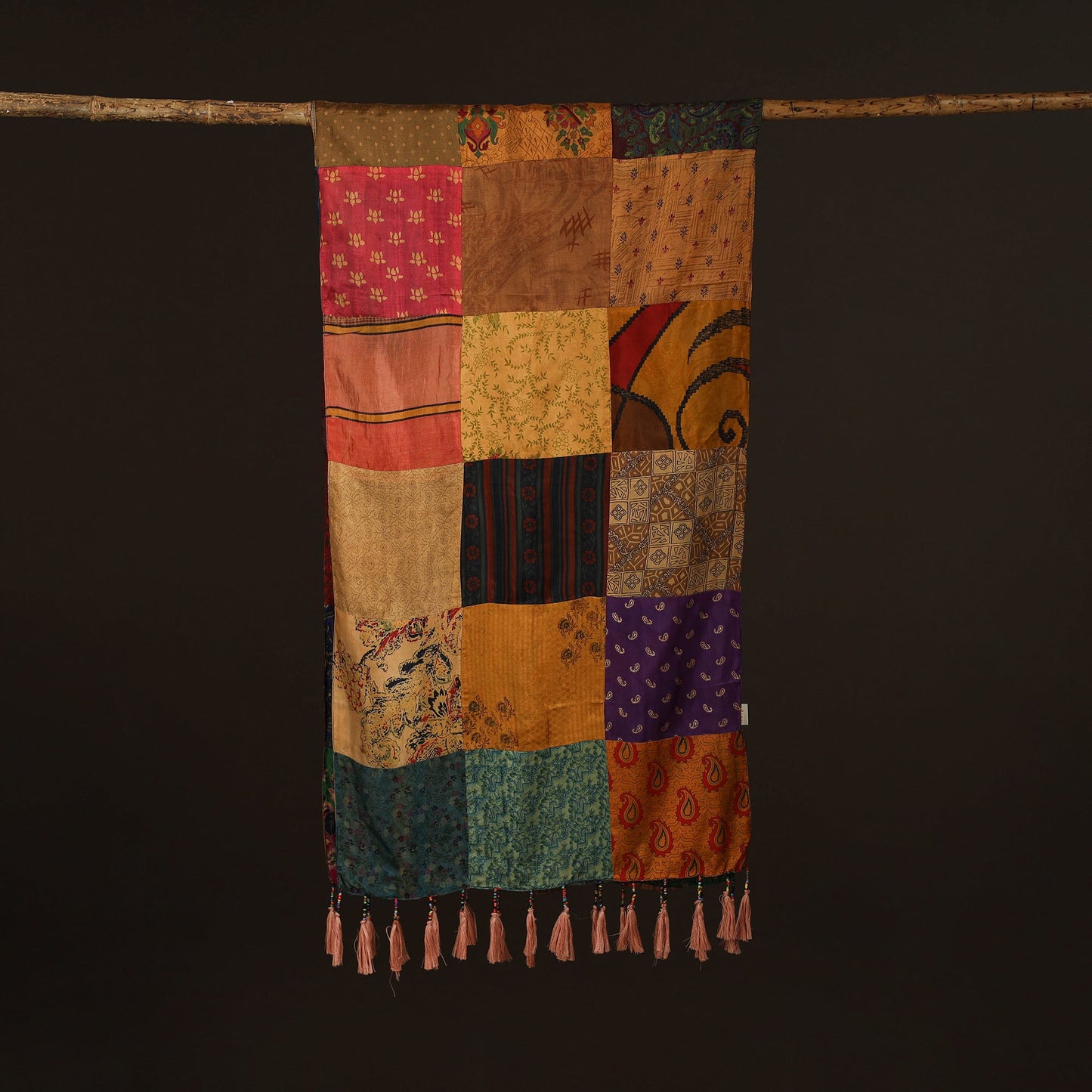 Pure silk patchwork stole with tassels 41 - handcrafted