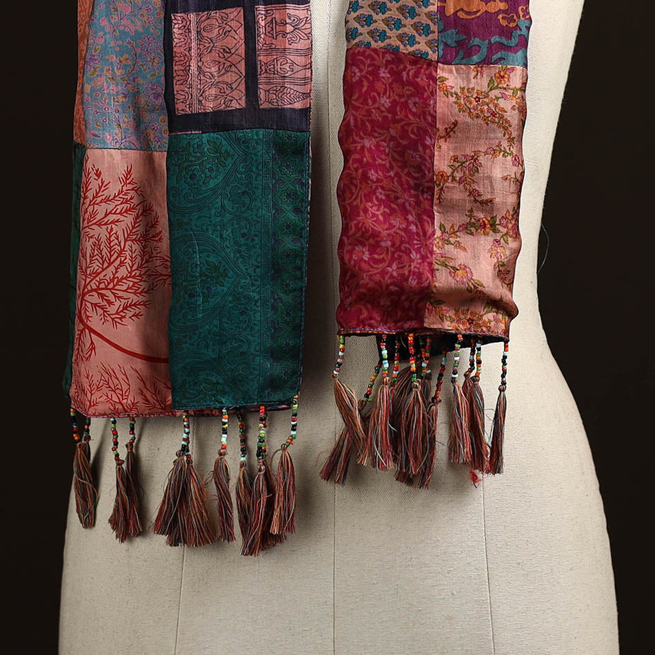 Pure silk patchwork stole with tassels 43 - handcrafted