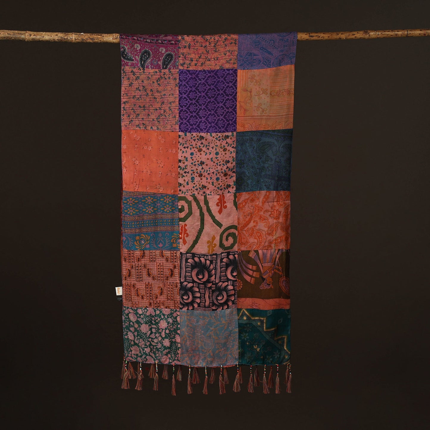 Pure silk patchwork stole with tassels 43 - handcrafted