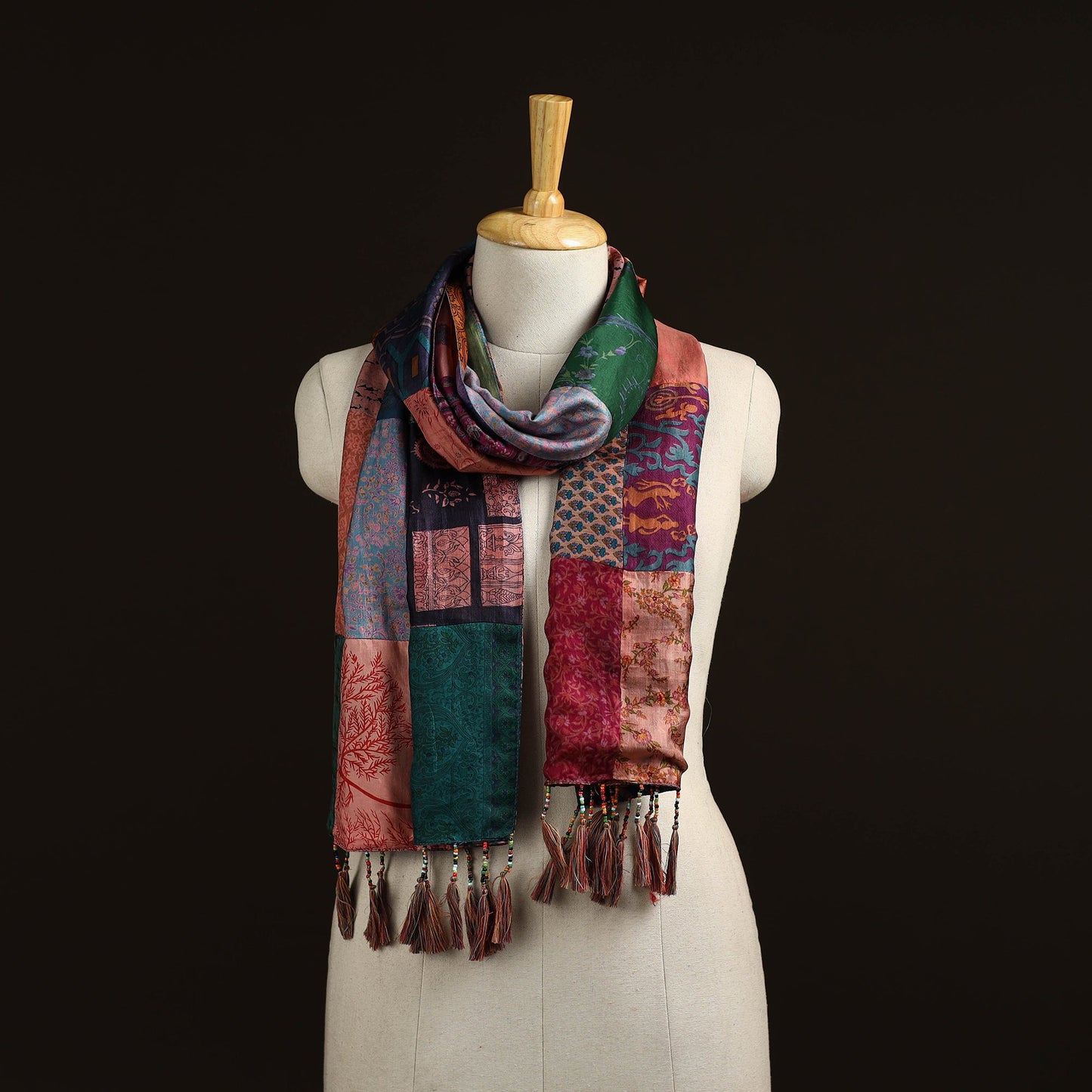 Pure silk patchwork stole with tassels 43 - handcrafted