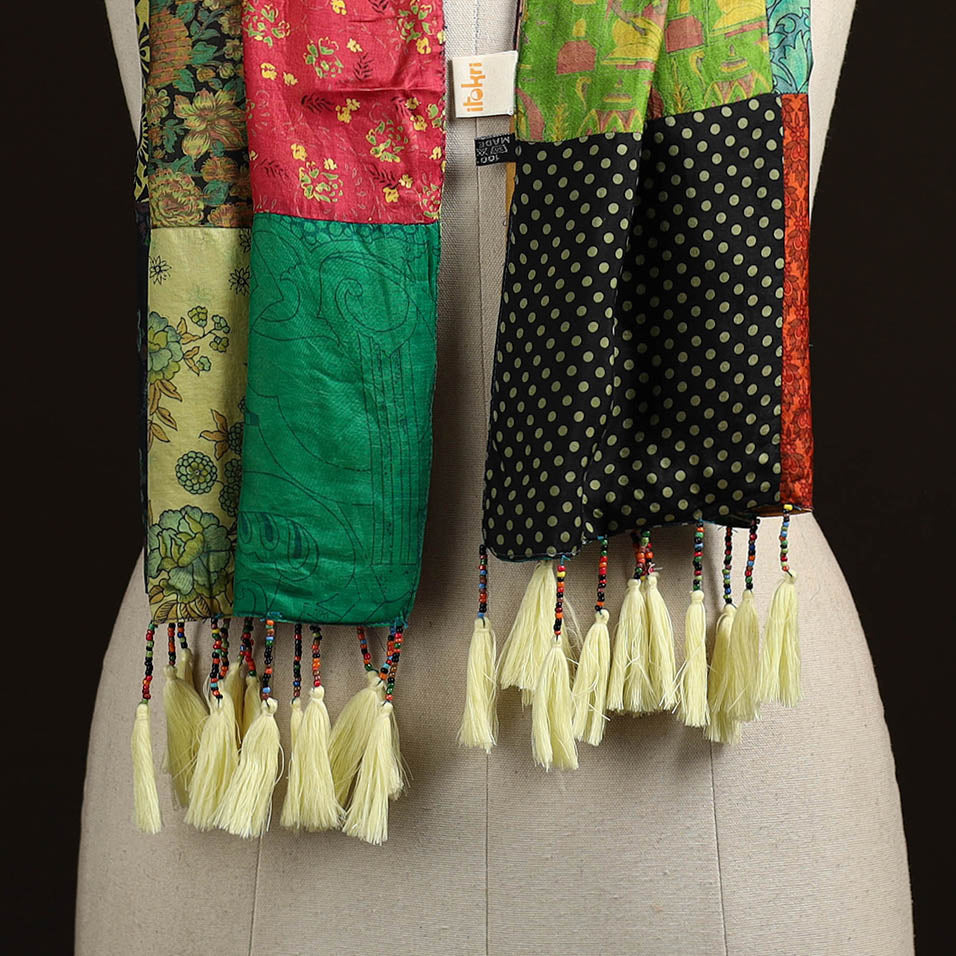 Pure silk patchwork stole with tassels 45 - handcrafted