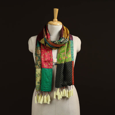 Pure silk patchwork stole with tassels 45 - handcrafted