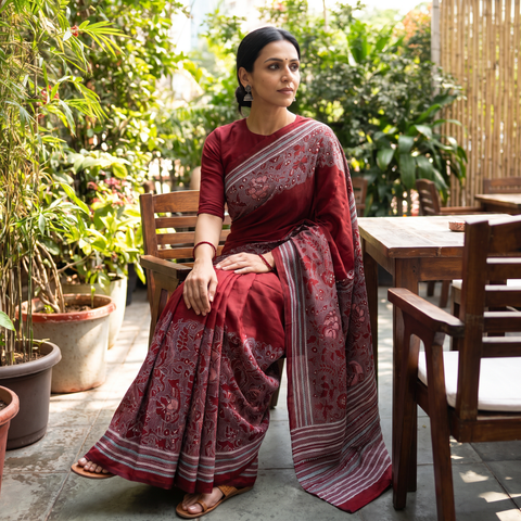 Maroon Pure Tussar Silk Handloom Bengal Full Kantha Hand Embroidered Saree, draped and worn by a woman, AI visual of the saree, iTokri