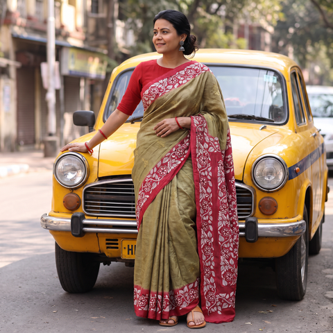 Green Pure Tussar Silk Handloom Bengal Full Kantha Hand Embroidered Saree, draped and worn by a woman, AI visual of the saree, iTokri