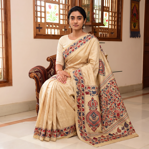 Beige Pure Tussar Silk Handloom Bengal Kantha Hand Embroidered Saree, draped and worn by a woman, AI visual of the saree, iTokri