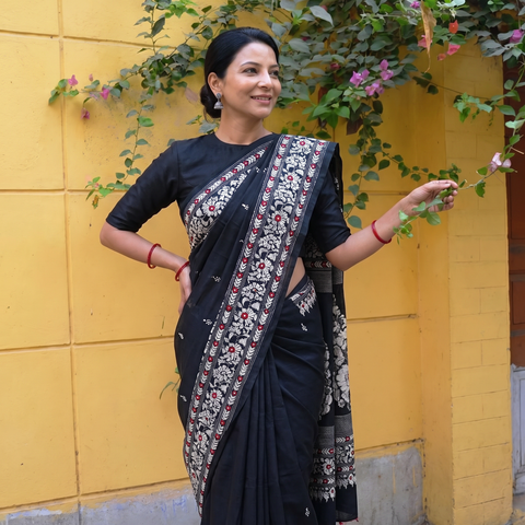 Black Pure Tussar Silk Handloom Bengal Kantha Hand Embroidered Saree, draped and worn by a woman, AI visual of the saree, iTokri
