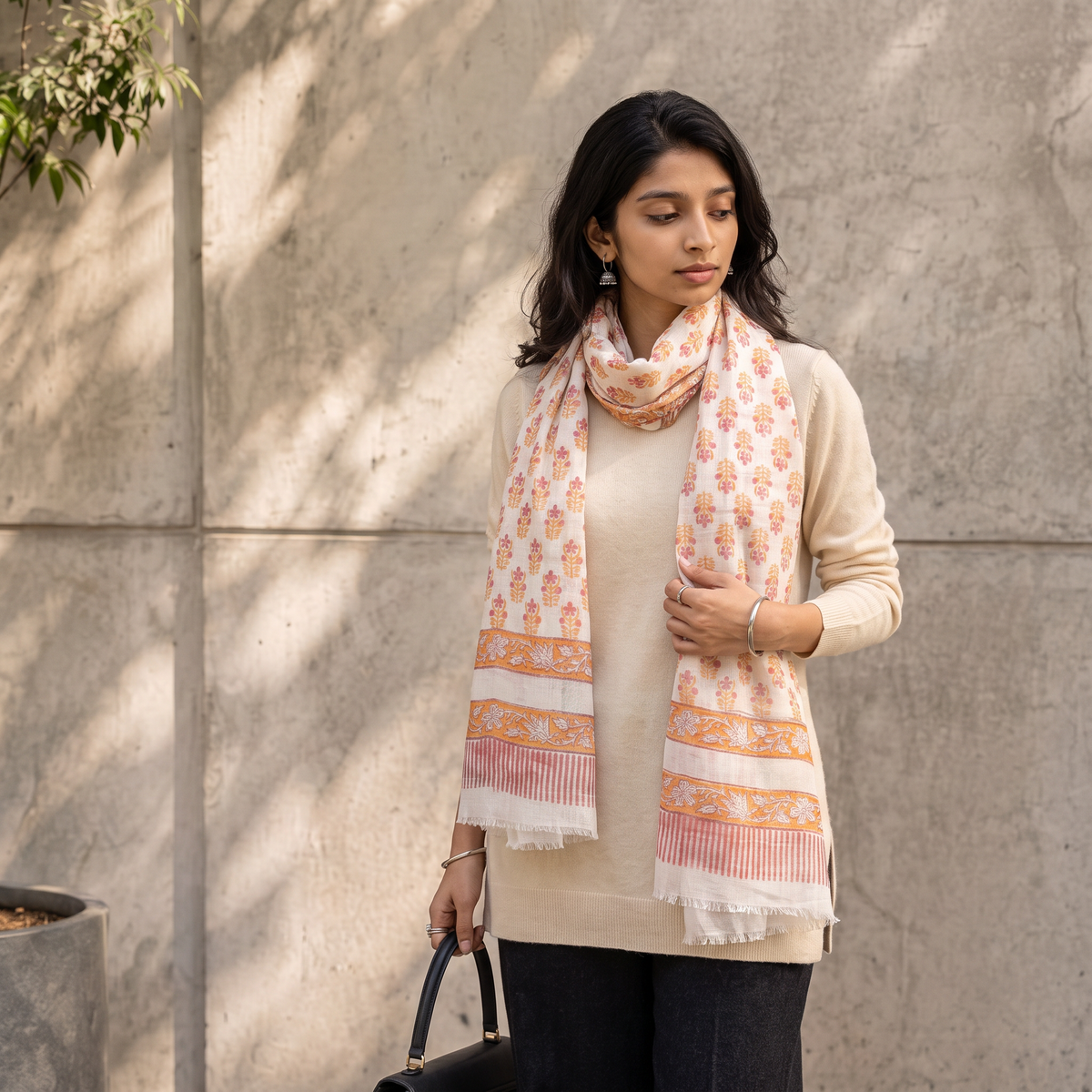Orange Pure Wool Block Print Sanganeri Stole, worn by a woman, AI visual of the stole, iTokri