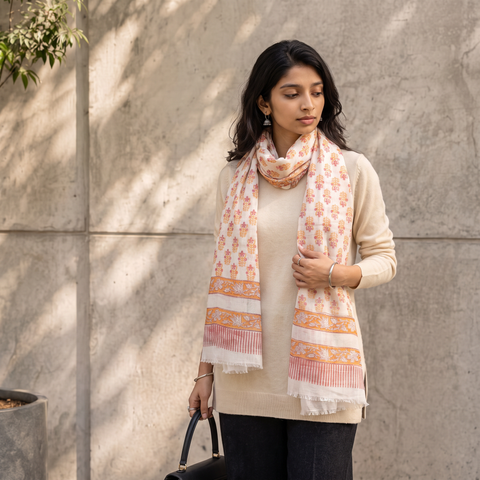 Orange Pure Wool Block Print Sanganeri Stole, worn by a woman, AI visual of the stole, iTokri