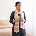 Orange Pure Wool Block Print Sanganeri Stole, worn by a woman, AI visual of the stole, iTokri