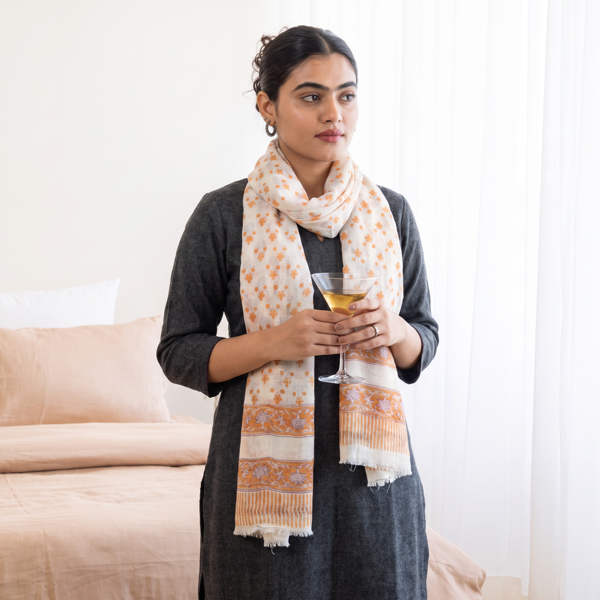 Orange Pure Wool Block Print Sanganeri Stole, worn by a woman, AI visual of the stole, iTokri