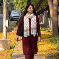 White Pure Wool Block Print Sanganeri Stole, worn by a woman, AI visual of the stole, iTokri