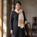 Yellow Pure Wool Block Print Sanganeri Stole, worn by a woman, AI visual of the stole, iTokri