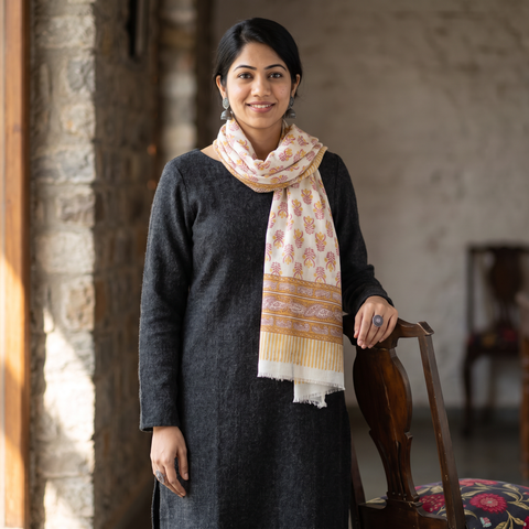 Yellow Pure Wool Block Print Sanganeri Stole, worn by a woman, AI visual of the stole, iTokri