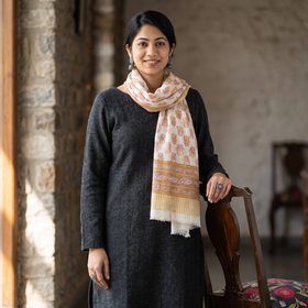 Yellow Pure Wool Block Print Sanganeri Stole, worn by a woman, AI visual of the stole, iTokri