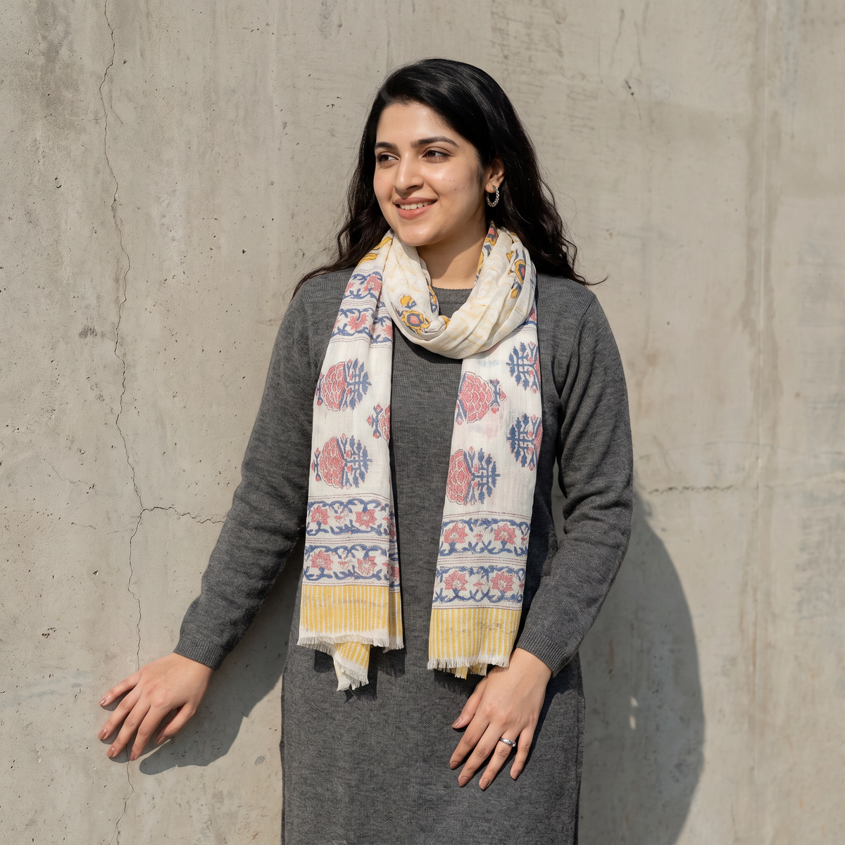 Multicolor Pure Wool Block Print Sanganeri Stole, worn by a woman, AI visual of the stole, iTokri