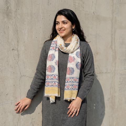 Multicolor Pure Wool Block Print Sanganeri Stole, worn by a woman, AI visual of the stole, iTokri