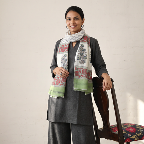 Multicolor Pure Wool Block Print Sanganeri Stole, worn by a woman, AI visual of the stole, iTokri