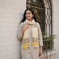 Yellow Pure Wool Block Print Sanganeri Stole, worn by a woman, AI visual of the stole, iTokri