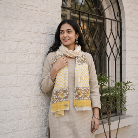Yellow Pure Wool Block Print Sanganeri Stole, worn by a woman, AI visual of the stole, iTokri