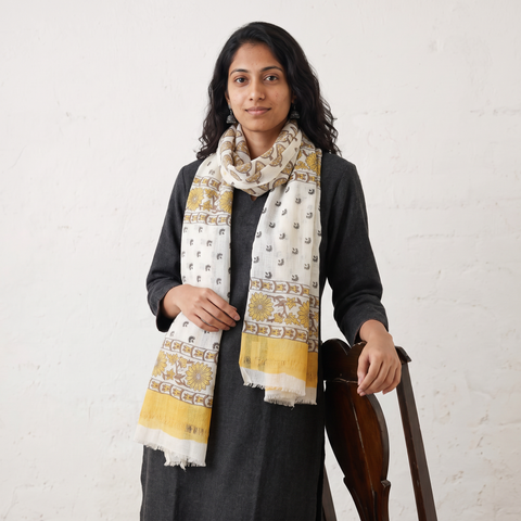 Yellow Pure Wool Block Print Sanganeri Stole, worn by a woman, AI visual of the stole, iTokri