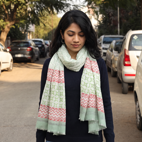 Green Pure Wool Block Print Sanganeri Stole, worn by a woman, AI visual of the stole, iTokri