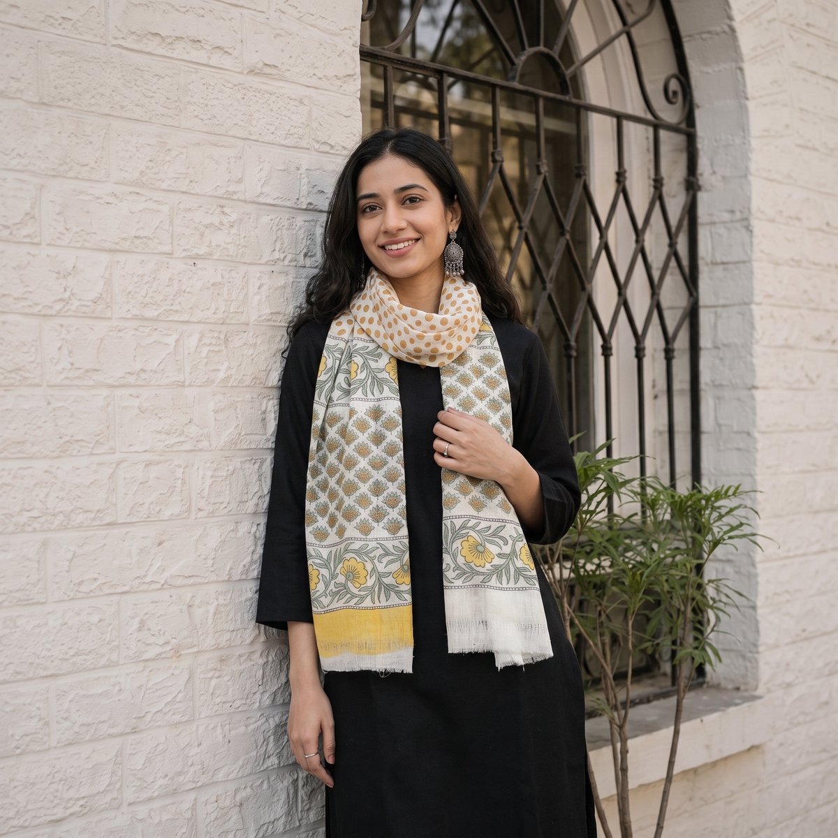 Multicolor Pure Wool Block Print Sanganeri Stole, worn by a woman, AI visual of the stole, iTokri