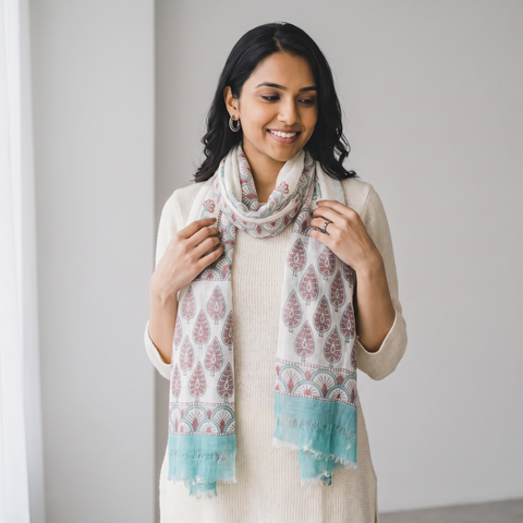 White Pure Wool Block Print Sanganeri Stole, worn by a woman, AI visual of the stole, iTokri