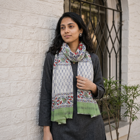 Multicolor Pure Wool Block Print Sanganeri Stole, worn by a woman, AI visual of the stole, iTokri