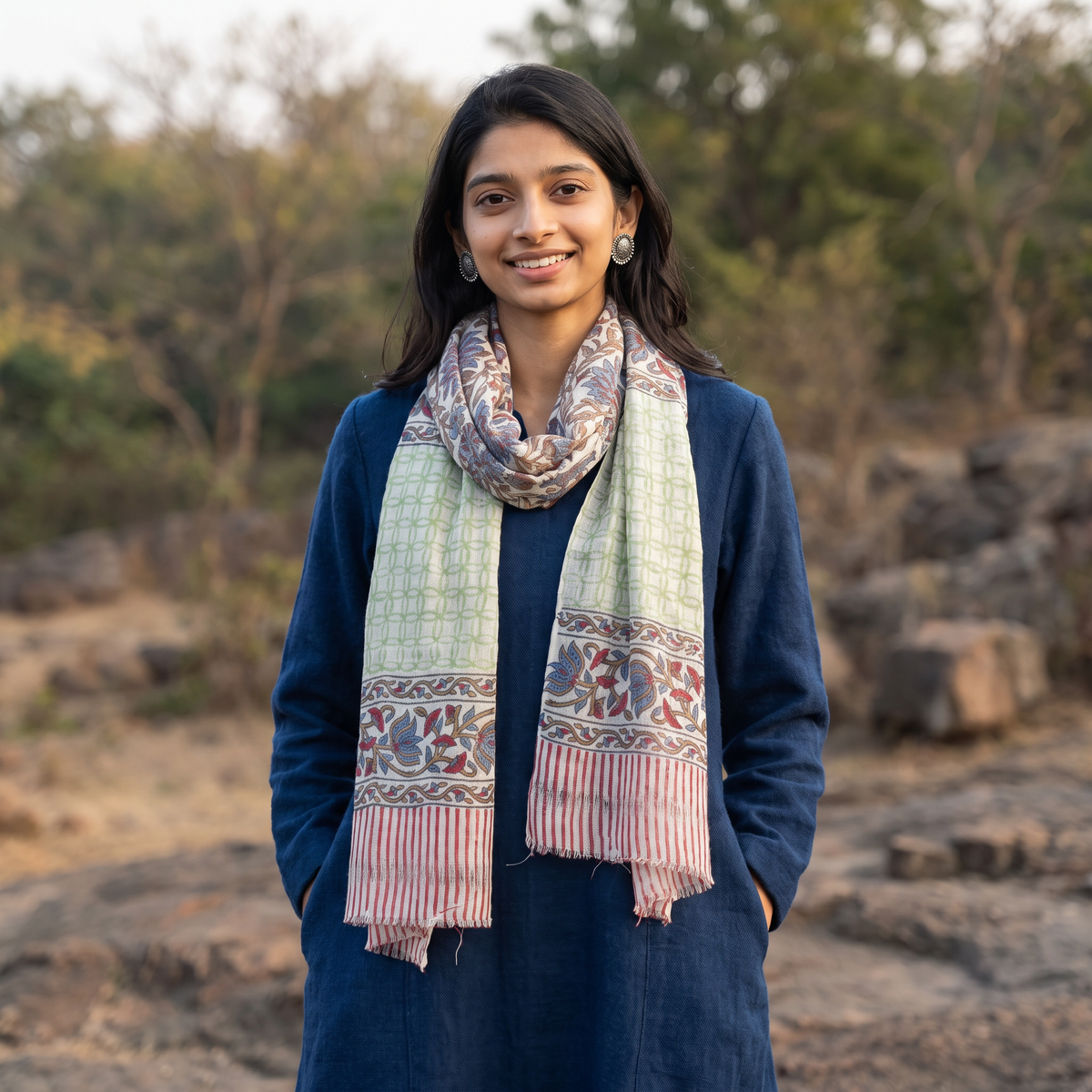 Multicolor Pure Wool Block Print Sanganeri Stole, worn by a woman, AI visual of the stole, iTokri