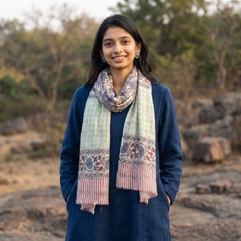Multicolor Pure Wool Block Print Sanganeri Stole, worn by a woman, AI visual of the stole, iTokri
