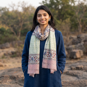 Multicolor Pure Wool Block Print Sanganeri Stole, worn by a woman, AI visual of the stole, iTokri