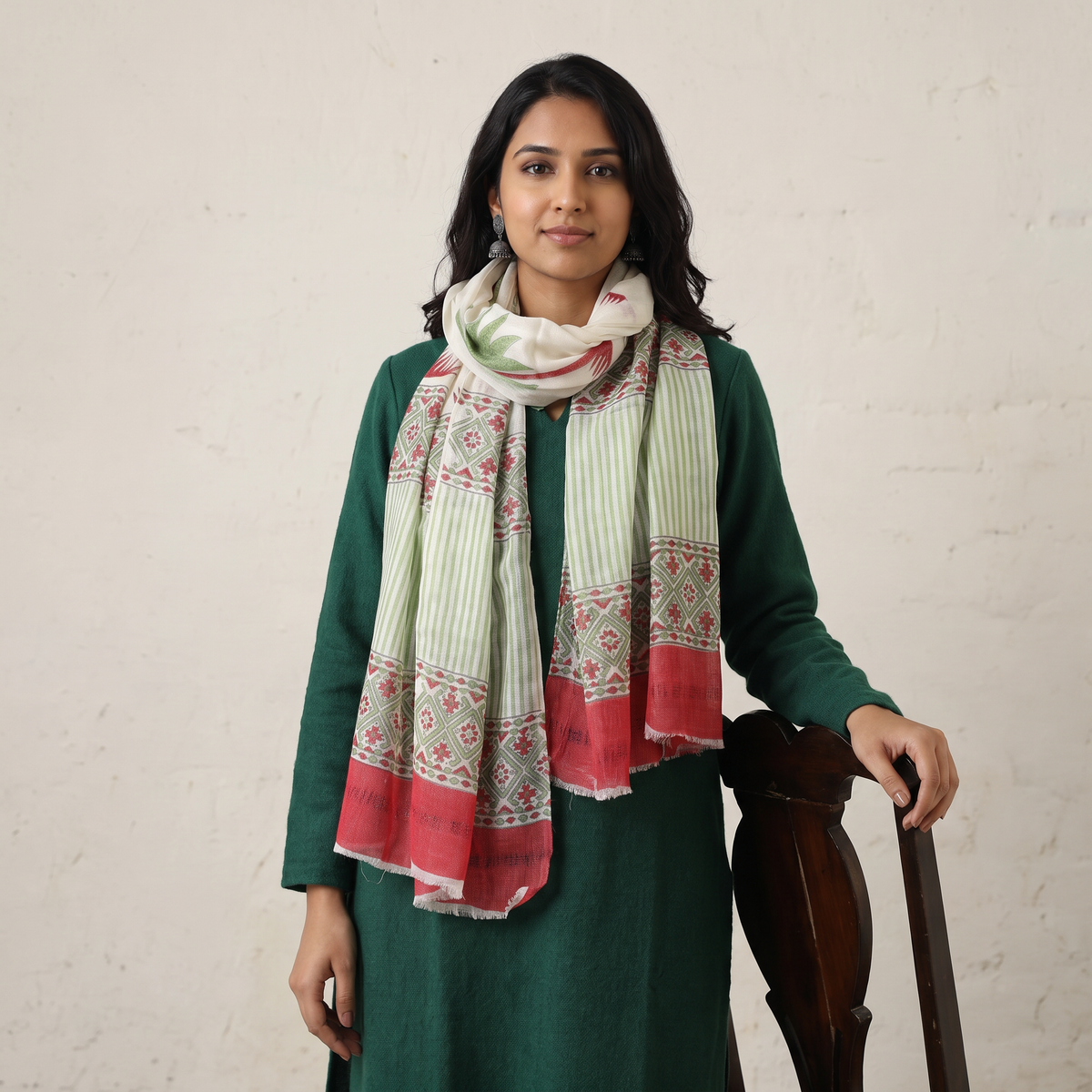 Green Pure Wool Block Print Sanganeri Stole, worn by a woman, AI visual of the stole, iTokri