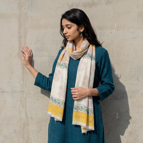 Yellow Pure Wool Block Print Sanganeri Stole, worn by a woman, AI visual of the stole, iTokri