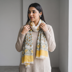 Yellow Pure Wool Block Print Sanganeri Stole, worn by a woman, AI visual of the stole, iTokri