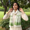 Green Pure Wool Block Print Sanganeri Stole, worn by a woman, AI visual of the stole, iTokri