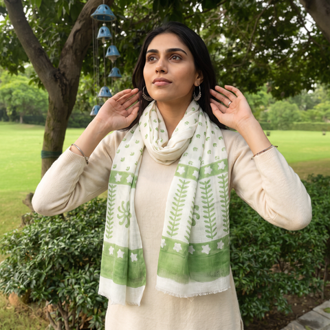 Green Pure Wool Block Print Sanganeri Stole, worn by a woman, AI visual of the stole, iTokri