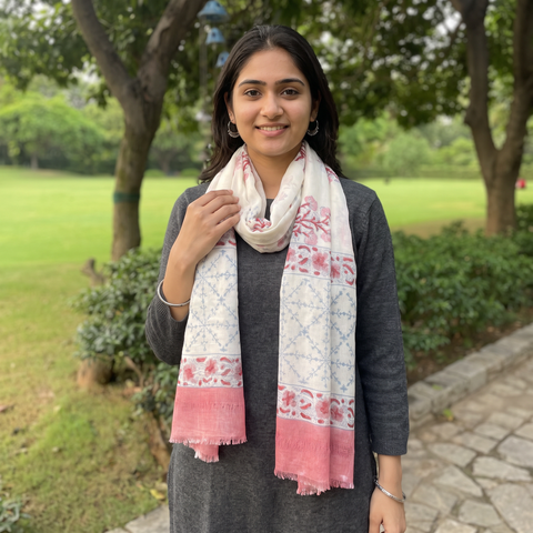 Pink Pure Wool Block Print Sanganeri Stole, worn by a woman, AI visual of the stole, iTokri