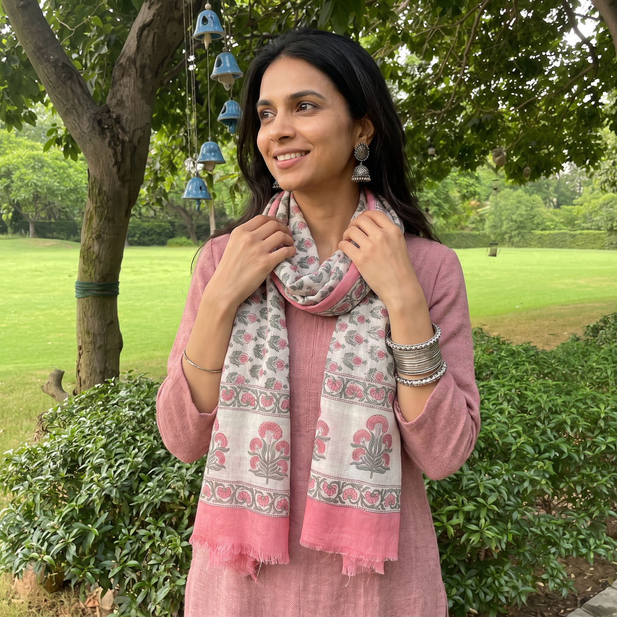 Pink Pure Wool Hand Block Print Sanganeri Stole, worn by a woman, AI visual of the stole, iTokri