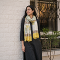 Yellow Pure Wool Hand Block Print Sanganeri Stole, worn by a woman, AI visual of the stole, iTokri