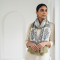 White Pure Wool Hand Block Print Sanganeri Stole, worn by a woman, AI visual of the stole, iTokri