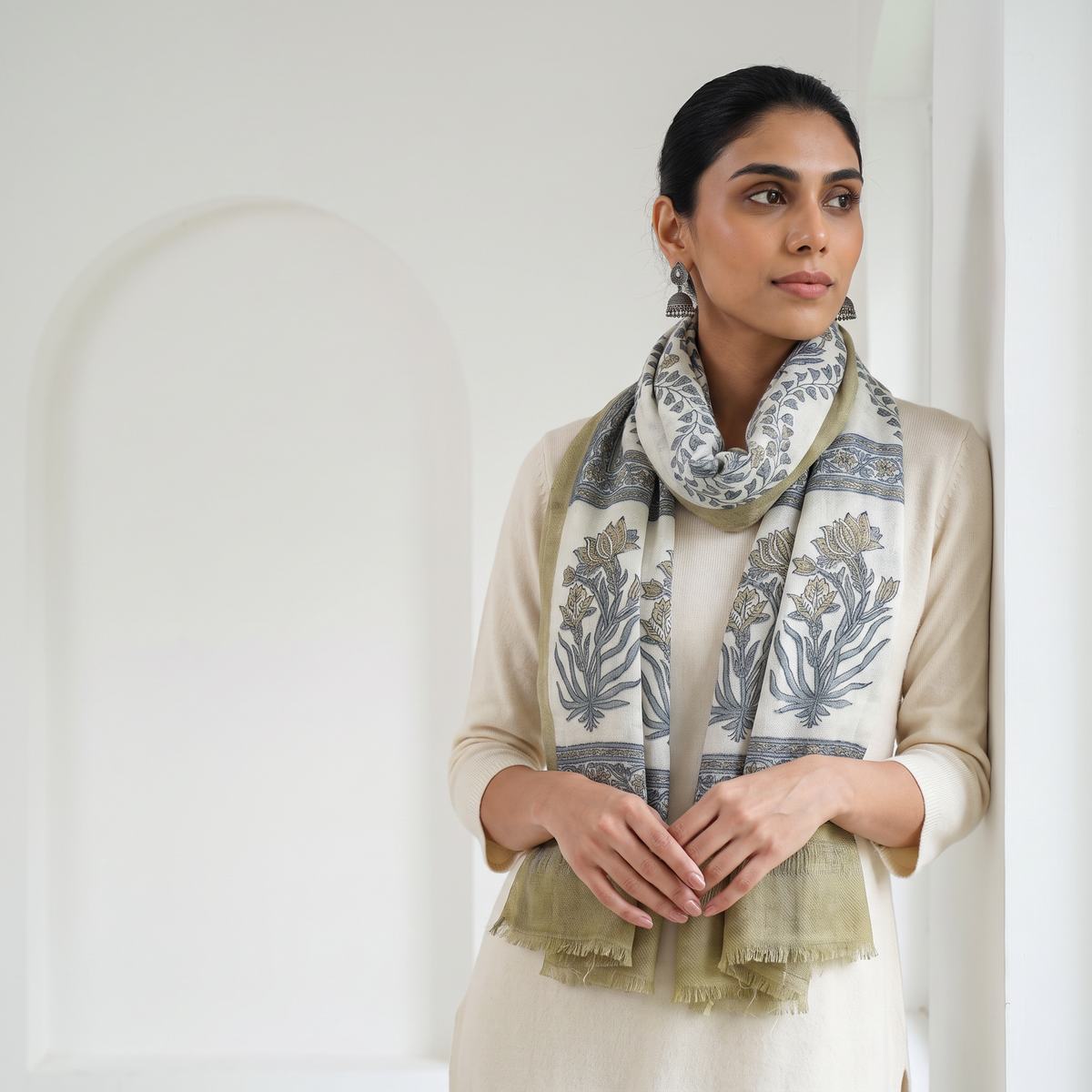 White Pure Wool Hand Block Print Sanganeri Stole, worn by a woman, AI visual of the stole, iTokri