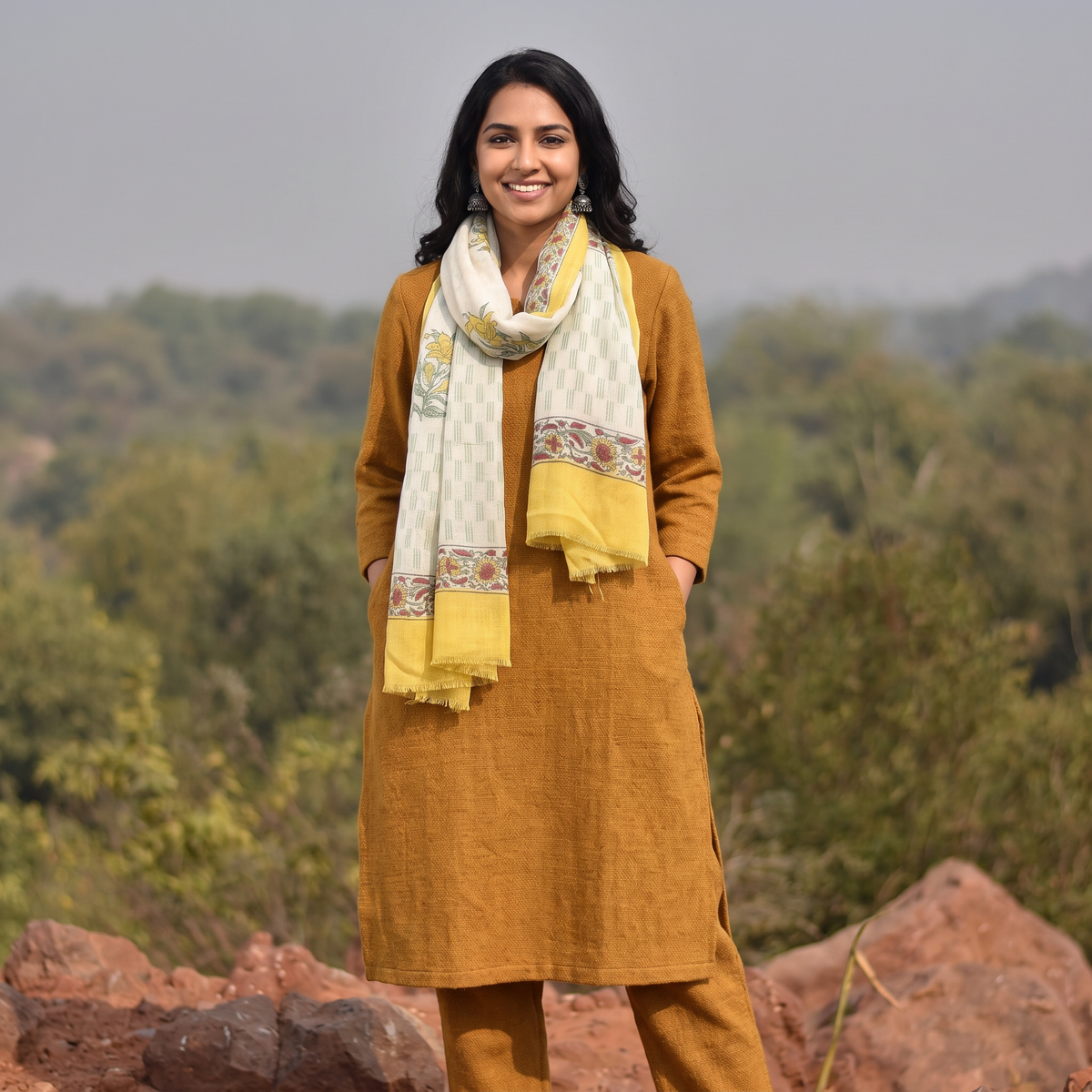 Yellow Pure Wool Hand Block Print Sanganeri Stole, worn by a woman, AI visual of the stole, iTokri