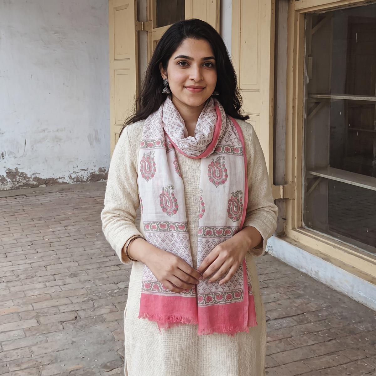 Pink Pure Wool Hand Block Print Sanganeri Stole, worn by a woman, AI visual of the stole, iTokri
