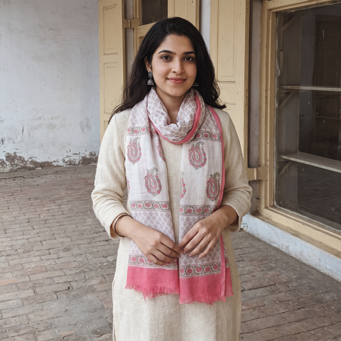 Pink Pure Wool Hand Block Print Sanganeri Stole, worn by a woman, AI visual of the stole, iTokri