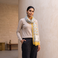 Yellow Pure Wool Hand Block Print Sanganeri Stole, worn by a woman, AI visual of the stole, iTokri