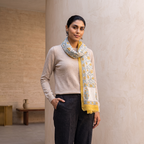 Yellow Pure Wool Hand Block Print Sanganeri Stole, worn by a woman, AI visual of the stole, iTokri