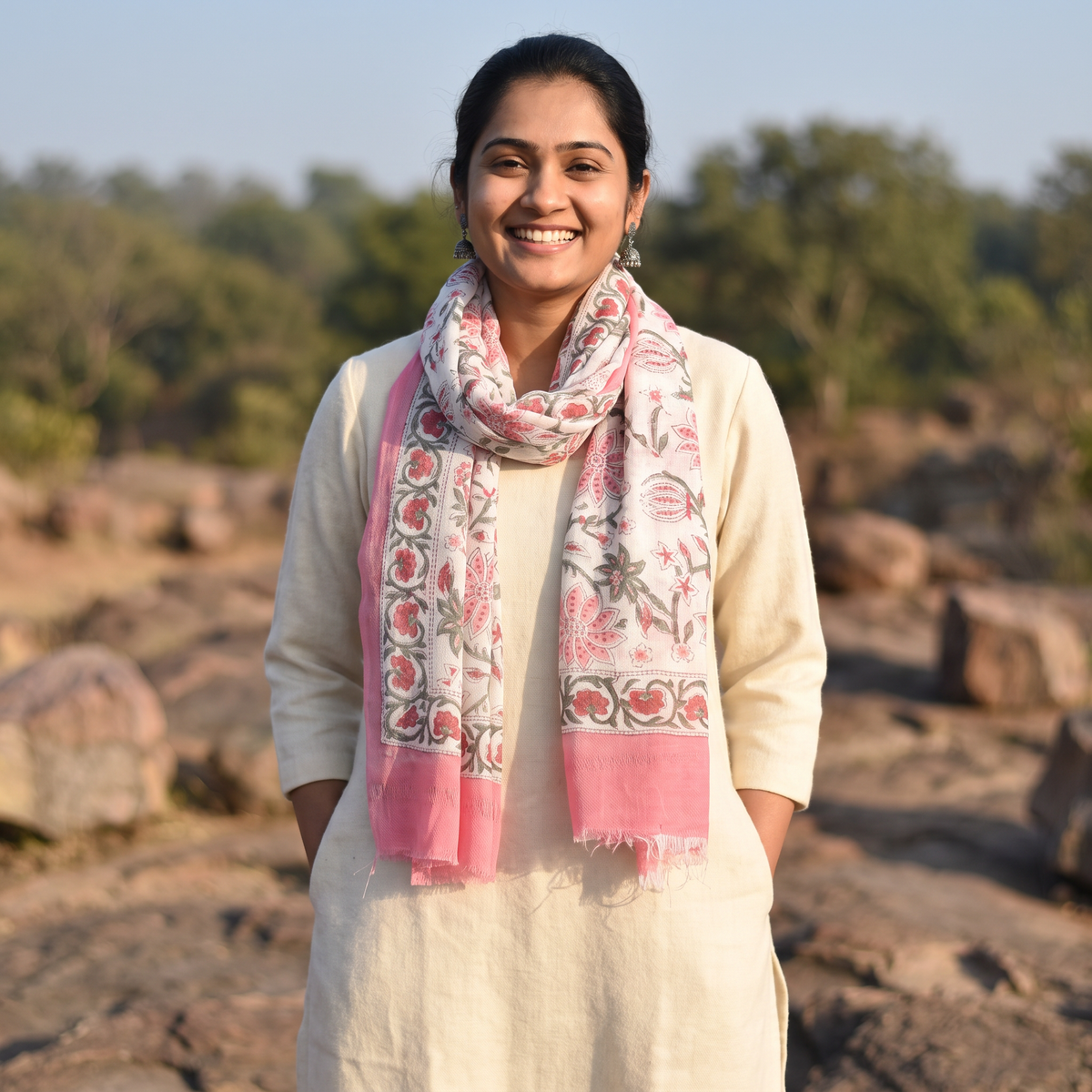 Pink Pure Wool Hand Block Print Sanganeri Stole, worn by a woman, AI visual of the stole, iTokri