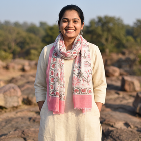 Pink Pure Wool Hand Block Print Sanganeri Stole, worn by a woman, AI visual of the stole, iTokri
