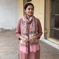Pink Pure Wool Hand Block Print Sanganeri Stole, worn by a woman, AI visual of the stole, iTokri