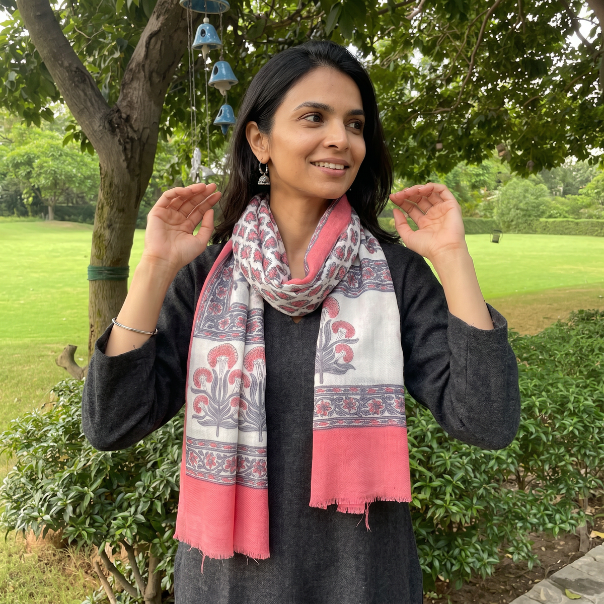 Pink Pure Wool Hand Block Print Sanganeri Stole, worn by a woman, AI visual of the stole, iTokri
